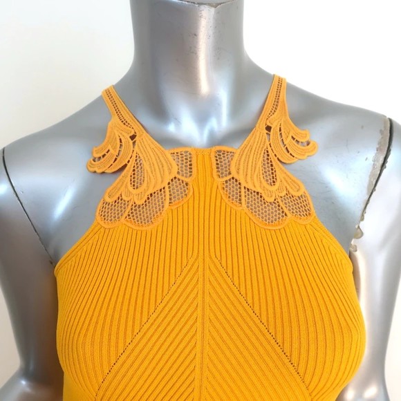 Self-Portrait Inserted Lace Knit Midi Dress Canary Yellow Size Small NEW - Picture 2 of 7